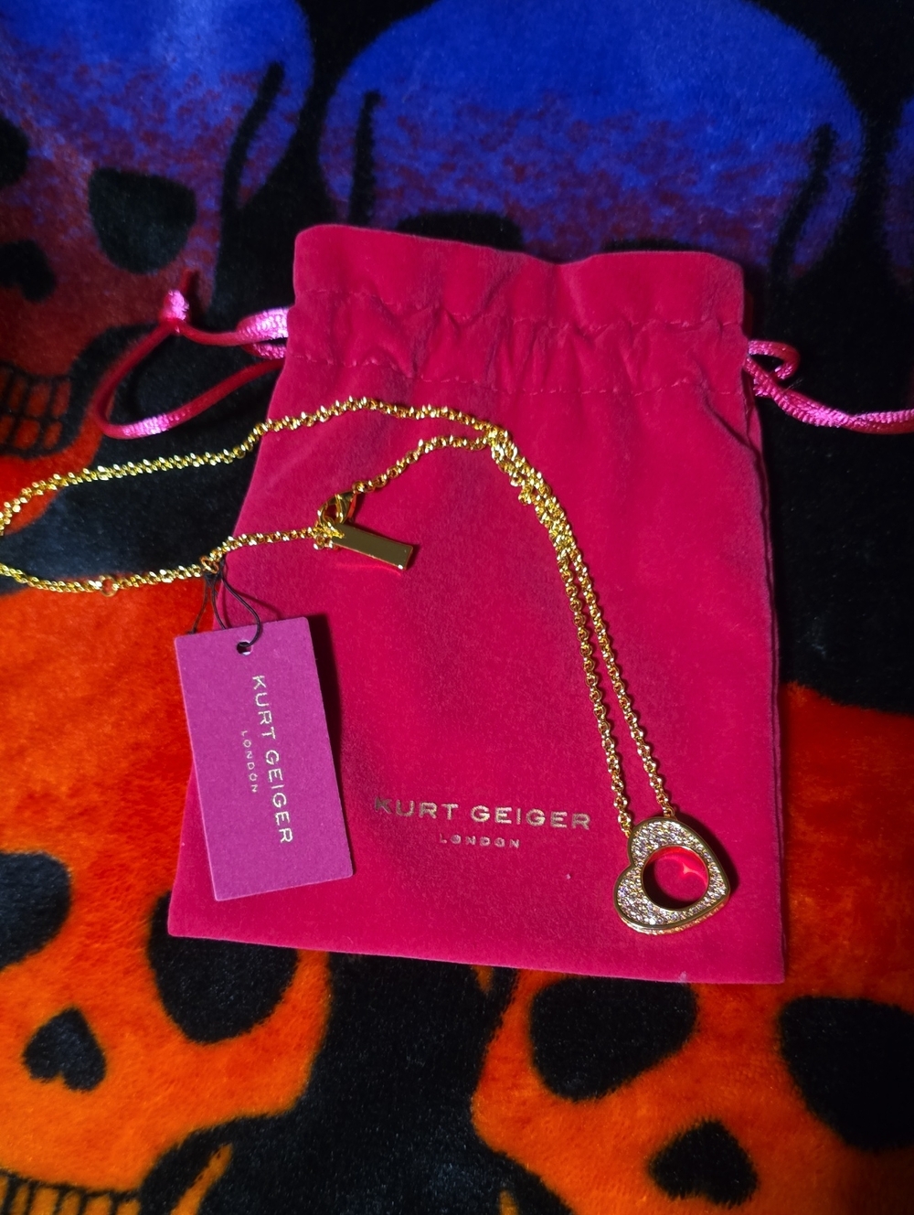 Kurt Geiger Gold Heart Pink  Pendant Necklace with Pink Velvet Pouch